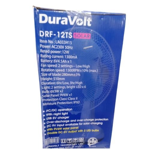 DuraVolt 12 inch 3 in 1 Rechargeable Table Fan DRF-12TS SOLAR vsonic