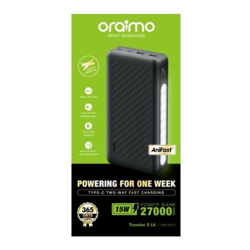 Oraimo 15W Type-C Two-Way Fast Charging 27000mAh Power Bank Traveler 3 Lit OPB-1270 vsonic