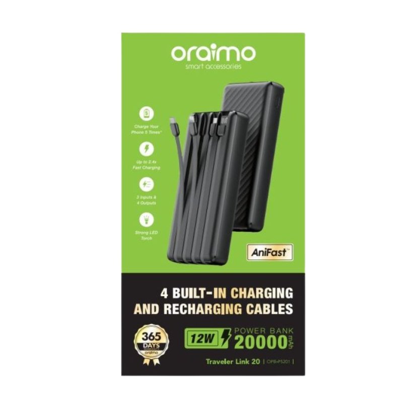 Oraimo 20000mAh Power Bank with 4 Built-In Charging Cables Traveler Link 20 OPB-P5201 vsonic
