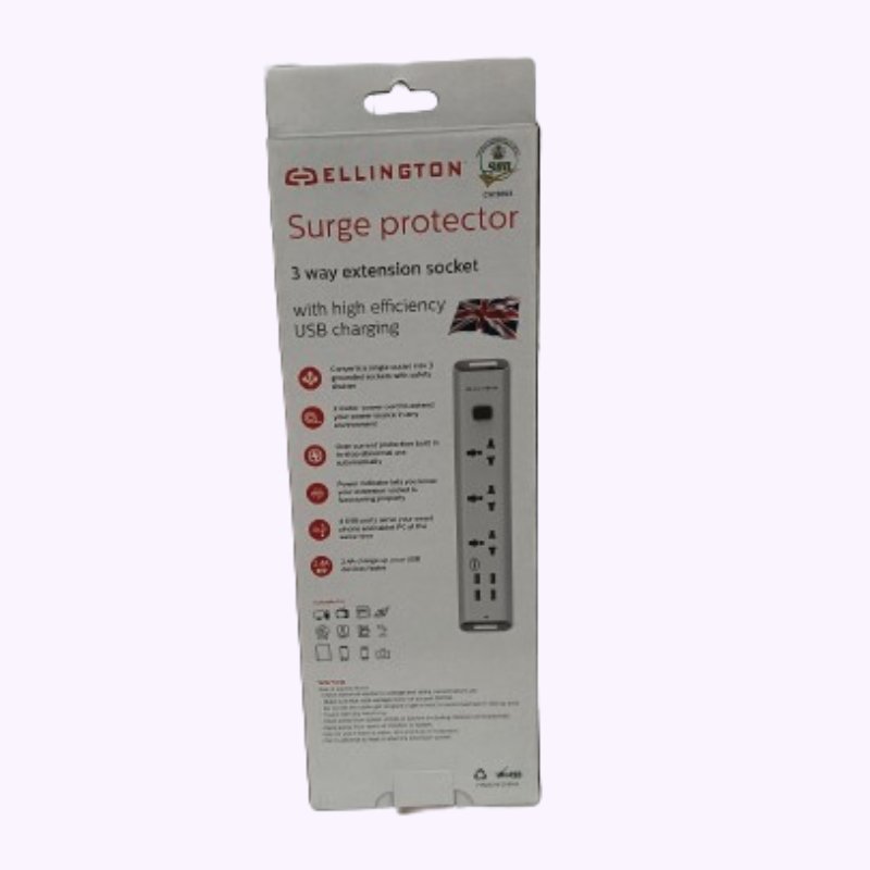 Ellington 3 Way Surge Protector Multi Socket Extension with 4 USB Vsonic