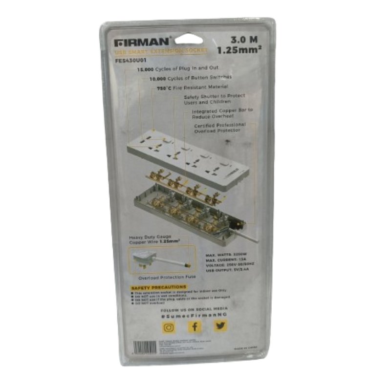 Firman 4 Way Surge Protector Multi Socket Extension with 2 USB Vsonic