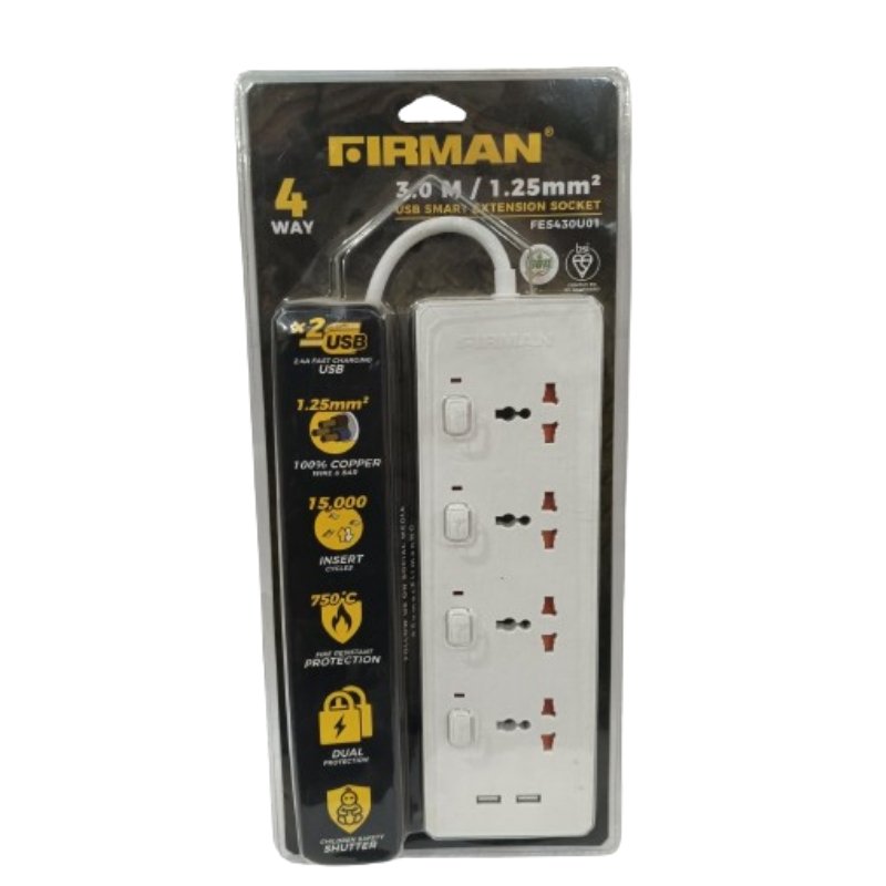 Firman 4 Way Surge Protector Multi Socket Extension with 2 USB Vsonic