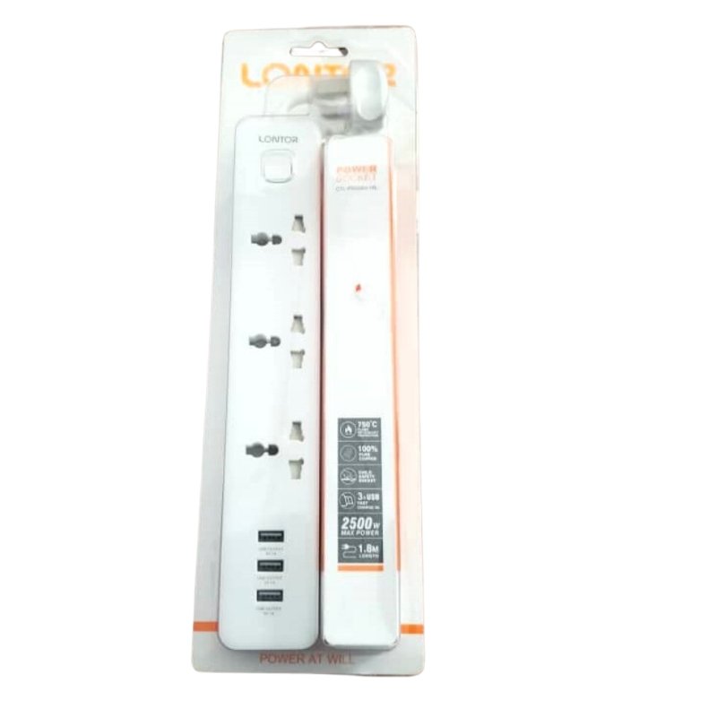 Lontor 3 Way Sockets Extension Box with 3 USB Ports Vsonic
